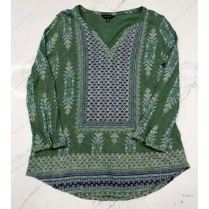 Lucky Brand Women's Green & Blue Paisley Boho Blouse 3/4 Sleeve Tee